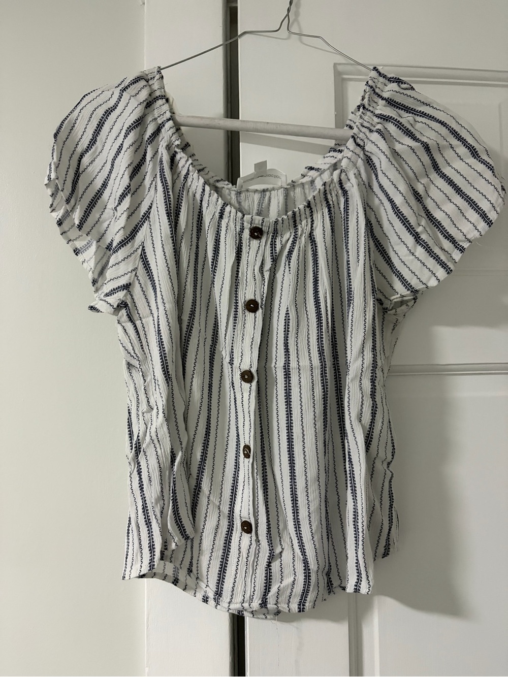 Striped Off-Shoulder Button-Front Women's Top - White & Navy